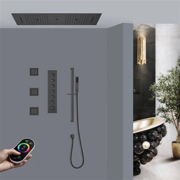 CATANIA LED REMOTE CONTROLLED MATTE BLACK THERMOSTATIC RECESSED CEILING MOUNT MUSICAL RAINFALL WATERFALL MIST SHOWER SYSTEM WITH HAND SHOWER AND 3 JETTED BODY SPRAYS
